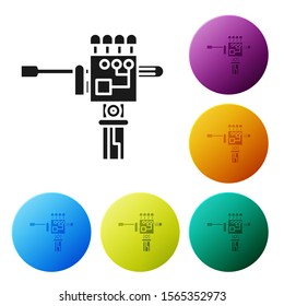 Black Mechanical robot hand and screwdriver tool icon isolated on white background. Robotic arm symbol. Technological concept. Set icons colorful circle buttons. Vector Illustration