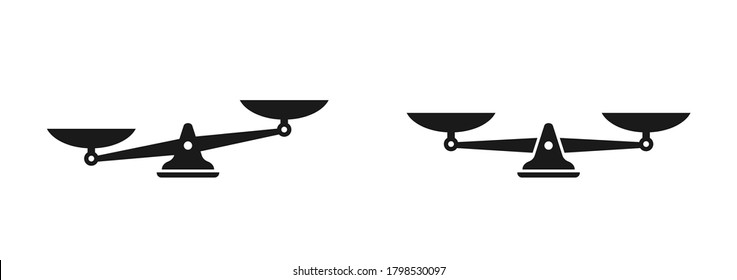 Black mechanical scales balance icon set isolated on white.  Justice, law scale. Vector illustration.   value, solution and rationality balance. pros and cons scale.