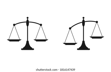 Black mechanical scales balance icon set isolated on white.  Justice, law scale. Vector illustration.   value, solution and rationality balance. pros and cons scale.