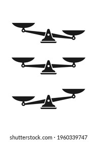 Black mechanical scales balance icon set isolated on white.  Justice, law scale. Vector illustration.   value, solution and rationality balance. pros and cons scale.