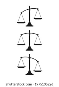 Black mechanical scales balance icon set isolated on white.  Justice, law scale. Vector illustration.   value, solution and rationality balance. pros and cons scale.