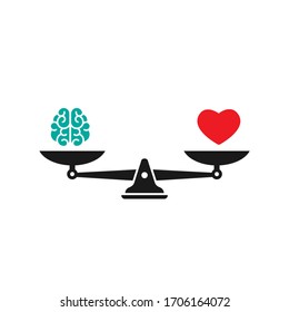 Black  mechanical scales with brain and red heart in pans.  Love, like, sympathy value, solution and rationality balance. Justice, law scale. Vector illustration on white background. 