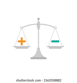 Black mechanical scales with plus and minus in pans.  value, solution and rationality balance. pros and cons scale. Vector illustration on white background. 