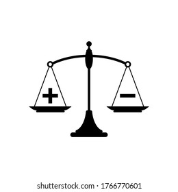 Black mechanical scales with plus and minus in pans. value, solution and rationality balance.