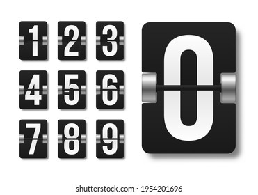 Black mechanical scoreboard with different numbers. Flip clock showing how much time: hours, minutes and seconds.