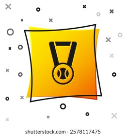 Black Medal with baseball ball icon isolated on white background. Winner symbol. Yellow square button. Vector