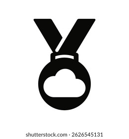 Black medal with cloud icon at the center, conceptual symbol of digital achievements, technological transformation, success in cloud services or advancements in digital infrastructure.