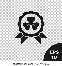 Black Medal with four leaf clover icon isolated on transparent background. Happy Saint Patrick day.  Vector Illustration