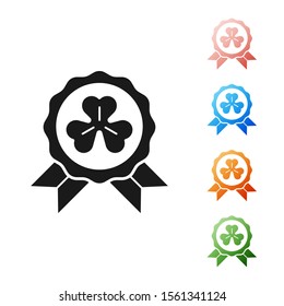 Black Medal with four leaf clover icon isolated on white background. Happy Saint Patrick day. Set icons colorful. Vector Illustration