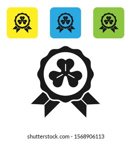 Black Medal with four leaf clover icon isolated on white background. Happy Saint Patrick day. Set icons colorful square buttons. Vector Illustration