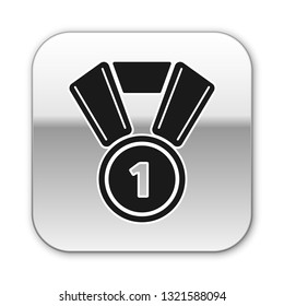 Black Medal icon isolated on white background. Winner symbol. Silver square button. Vector Illustration