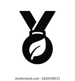 Black medal with leaf icon, conceptual symbol of sustainability, eco achievements, environmental awards, green recognition, nature, planet care or clean energy.