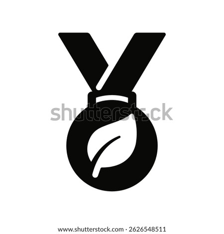 Black medal with leaf icon, conceptual symbol of sustainability, eco achievements, environmental awards, green recognition, nature, planet care or clean energy.