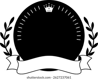 Black Medal Ranking Frame with Crown and Ribbo on White Background, Black Silhouette Version