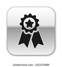 Black Medal with star icon isolated on white background. Winner achievement sign. Award medal. Silver square button. Vector Illustration