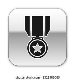 Black Medal with star icon isolated on white background. Winner achievement sign. Award medal. Silver square button. Vector Illustration