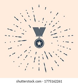 Black Medal with star icon isolated on beige background. Winner achievement sign. Award medal. Abstract circle random dots. Vector Illustration