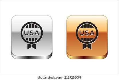 Black Medal with star icon isolated on white background. Winner achievement sign. Award medal. Silver and gold square buttons. Vector