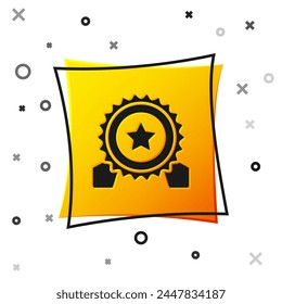 Black Medal with star icon isolated on white background. Winner achievement sign. Award medal. Yellow square button. Vector