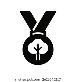 Black medal with tree icon at the center, graphic concept of ecological award, environmental recognition, sustainability, green project success or global environmental achievement.