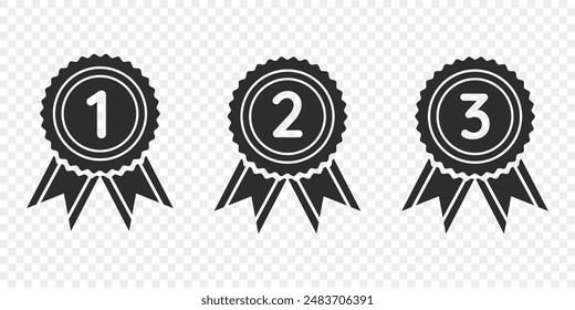 Black medals, awards, ribbons for first, second, third place with round edges. Isolated on transparent background