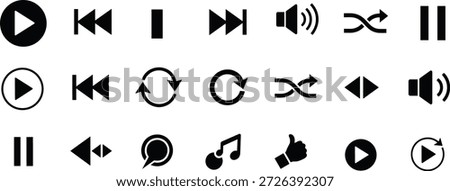 Black media control icons including play, pause, volume, shuffle, and repeat, designed for digital interfaces, user experience, and multimedia applications.eps