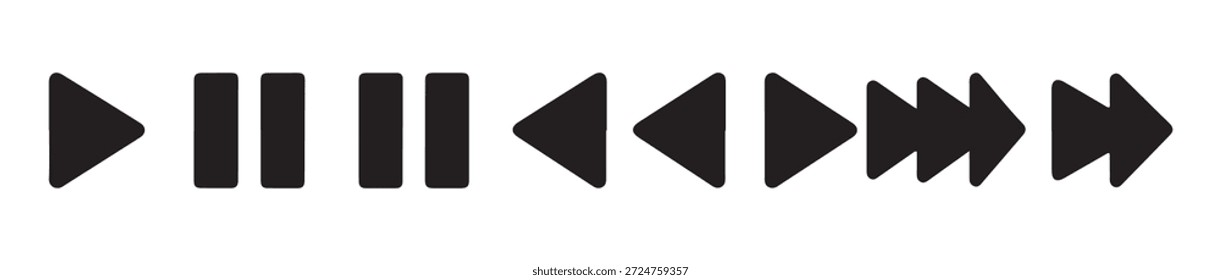 Controles negros del reproductor multimedia que incluyen reproducción, pausa, rebobinado, avance rápido y omitir Botón Video para la reproducción de audio y audio
