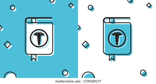 Black Medical Book And Caduceus Medical Symbol Icon On Blue And White Background. Medical Reference Book, Textbook, Encyclopedia. Scientific Literature. Random Dynamic Shapes. Vector Illustration