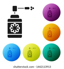 Black Medical bottle with nozzle spray for the treatment of diseases of the nose and throat icon isolated on white background. Set icons colorful circle buttons. Vector Illustration