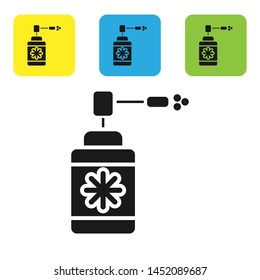Black Medical bottle with nozzle spray for the treatment of diseases of the nose and throat icon isolated on white background. Set icons colorful square buttons. Vector Illustration