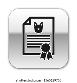 Black Medical certificate for travel with dog or cat icon isolated on white background. Document for pet. Dog or cat paw print. Silver square button. Vector Illustration