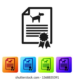 Black Medical certificate for travel with dog or cat icon isolated on white background. Document for pet. Dog or cat paw print. Set icon in color square buttons. Vector Illustration
