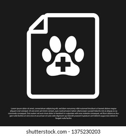 Black Medical certificate for travel with dog or cat icon isolated on black background. Document for pet. Dog or cat paw print. Vector Illustration