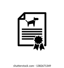 Black Medical certificate for travel with dog or cat icon isolated. Document for pet. Dog or cat paw print. Vector Illustration