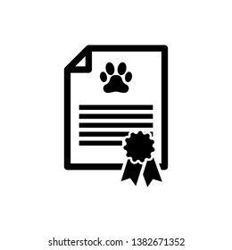 Black Medical certificate for travel with dog or cat icon isolated. Document for pet. Dog or cat paw print. Vector Illustration