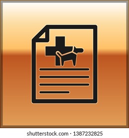 Black Medical certificate for travel with dog or cat icon isolated on gold background. Document for pet. Vector Illustration