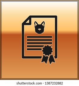 Black Medical certificate for travel with dog or cat icon isolated on gold background. Document for pet. Dog or cat paw print. Vector Illustration