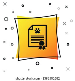 Black Medical certificate for travel with dog or cat icon isolated on white background. Document for pet. Dog or cat paw print. Yellow square button. Vector Illustration