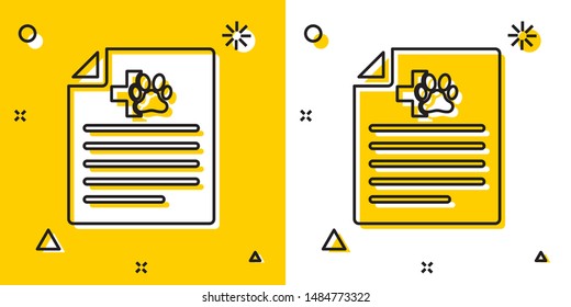 Black Medical certificate for travel with dog or cat icon isolated on yellow and white background. Document for pet. Dog or cat paw print. Random dynamic shapes. Vector Illustration