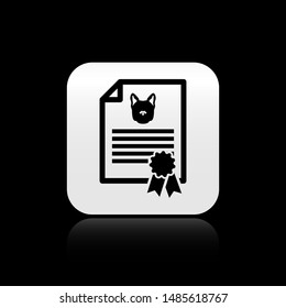 Black Medical certificate for travel with dog or cat icon isolated on black background. Document for pet. Dog or cat paw print. Silver square button. Vector Illustration