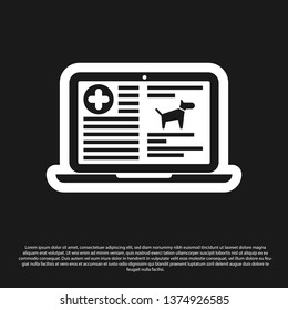 Black Medical clinical record dog on laptop icon isolated on black background. Health insurance form. Prescription, medical check marks report. Vector Illustration