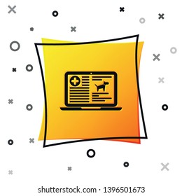 Black Medical clinical record dog on laptop icon isolated on white background. Health insurance form. Prescription, medical check marks report. Yellow square button. Vector Illustration