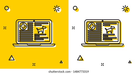 Black Medical clinical record dog on laptop icon isolated on yellow and white background. Health insurance form. Prescription, medical check marks report. Random dynamic shapes. Vector Illustration
