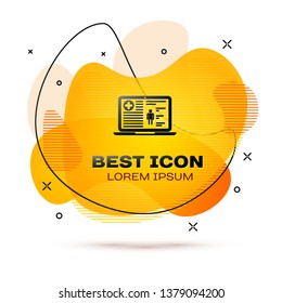 Black Medical clinical record on laptop icon isolated on white background. Health insurance form. Document prescription, medical check marks report. Fluid color banner. Vector Illustration