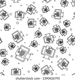 Black Medical clinical record on monitor icon isolated seamless pattern on white background. Health insurance form. Prescription, medical check marks report. Vector Illustration
