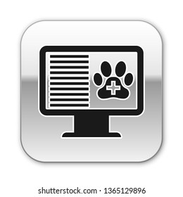 Black Medical clinical record pet on monitor icon isolated on white background. Health insurance form. Prescription, medical check marks report. Silver square button. Vector Illustration