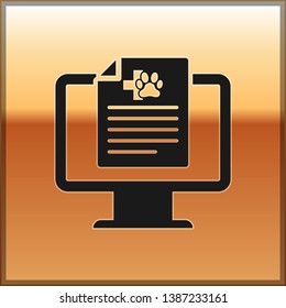 Black Medical clinical record pet on monitor icon isolated on gold background. Health insurance form. Prescription, medical check marks report. Vector Illustration