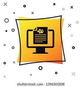 Black Medical clinical record pet on monitor icon isolated on white background. Health insurance form. Prescription, medical check marks report. Yellow square button. Vector Illustration