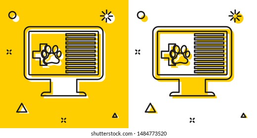 Black Medical clinical record pet on monitor icon isolated on yellow and white background. Health insurance form. Prescription, medical check marks report. Random dynamic shapes. Vector Illustration