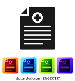 Black Medical clipboard with clinical record icon isolated on white background. Health insurance form. Prescription, medical check marks report. Set icon in color square buttons. Vector Illustration